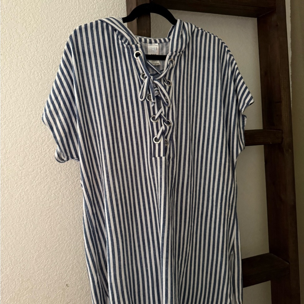 Time and Tru Blue and White Sweatshirt with Lace-Up V-Neck